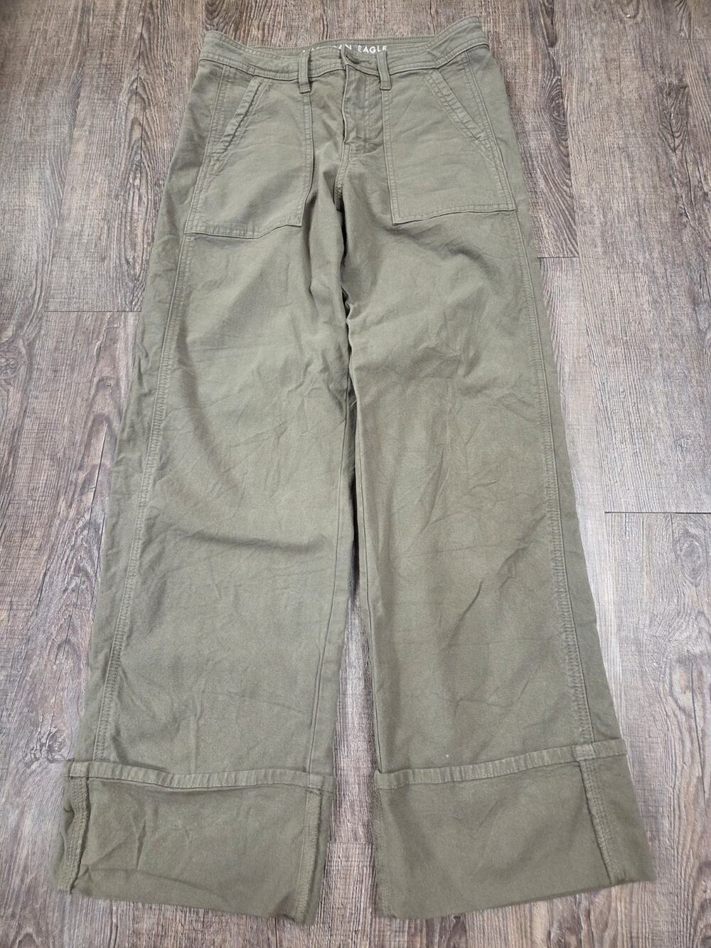 American Eagle Green Stovepipe Canvas Cuffed Straight Leg Pants Women's 2R